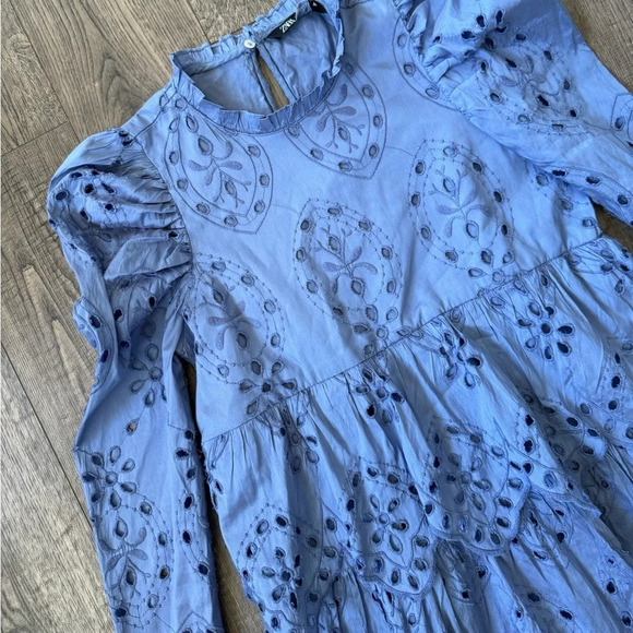 Zara Women Embroidered Eyelet Dress- Periwinkle - Picture 6 of 9